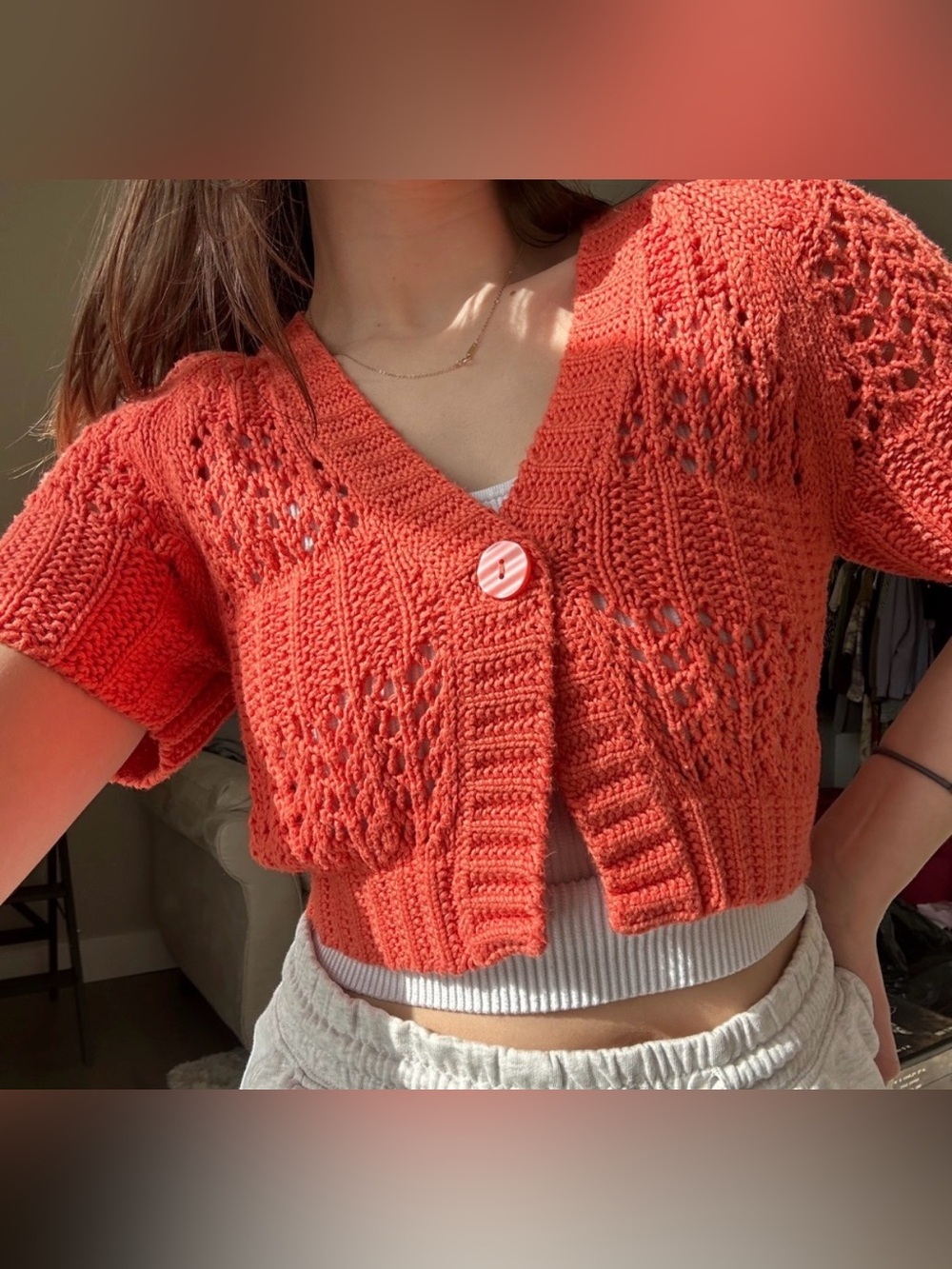 H&M Coral Cropped V-Neck Button Knit Cardigan XS
